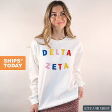 Load image into Gallery viewer, Delta Zeta Sweatshirt | DZ Circular Colorful Crewneck Sweatshirt | Delta Zeta Sorority Gift Idea - Kite and Crest
