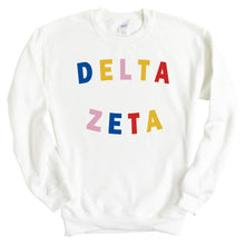 Load image into Gallery viewer, Delta Zeta Sweatshirt | DZ Circular Colorful Crewneck Sweatshirt | Delta Zeta Sorority Gift Idea - Kite and Crest
