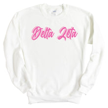 Load image into Gallery viewer, Delta Zeta Sweatshirt | DZ Neon Pink Colored Crewneck Sweatshirt | Delta Zeta Sorority Gift Idea - Kite and Crest
