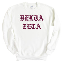 Load image into Gallery viewer, Delta Zeta Sweatshirt | DZ Old Type Written Crewneck Sweatshirt | Delta Zeta Sorority Gift Idea - Kite and Crest

