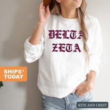 Load image into Gallery viewer, Delta Zeta Sweatshirt | DZ Old Type Written Crewneck Sweatshirt | Delta Zeta Sorority Gift Idea - Kite and Crest
