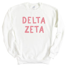 Load image into Gallery viewer, Delta Zeta Sweatshirt | DZ Pink Bubble Letters Crewneck Sweatshirt | Delta Zeta Sorority Gift Idea - Kite and Crest
