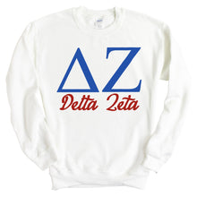 Load image into Gallery viewer, Delta Zeta Sweatshirt | DZ Red and Blue Crewneck Sweatshirt | Delta Zeta Sorority Gift Idea - Kite and Crest
