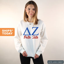 Load image into Gallery viewer, Delta Zeta Sweatshirt | DZ Red and Blue Crewneck Sweatshirt | Delta Zeta Sorority Gift Idea - Kite and Crest
