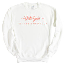 Load image into Gallery viewer, Delta Zeta Sweatshirt | DZ White Script Letter Crewneck Sweatshirt | Delta Zeta Sorority Gift Idea - Kite and Crest
