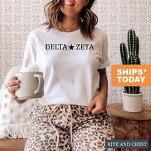 Load image into Gallery viewer, Delta Zeta T-shirt - Dee Zee (DZ) Black Star Tee - Kite and Crest
