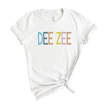 Load image into Gallery viewer, Delta Zeta T-shirt - Dee Zee (DZ) Colorful Lined Tee - Kite and Crest
