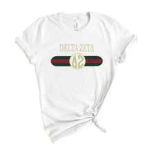 Load image into Gallery viewer, Delta Zeta T-shirt - Dee Zee (DZ) Golden Stripes Tee - Kite and Crest
