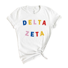 Load image into Gallery viewer, Delta Zeta T-Shirt | DZ Circular Colorful Shirt | Delta Zeta Sorority Gift Idea - Kite and Crest
