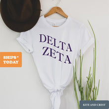 Load image into Gallery viewer, Delta Zeta T-Shirt | DZ Large and Wavy Letters Shirt | Delta Zeta Sorority Gift Idea - Kite and Crest
