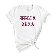 Load image into Gallery viewer, Delta Zeta T-Shirt | DZ Old Type Written Shirt | Delta Zeta Sorority Gift Idea - Kite and Crest
