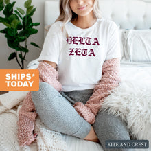 Load image into Gallery viewer, Delta Zeta T-Shirt | DZ Old Type Written Shirt | Delta Zeta Sorority Gift Idea - Kite and Crest
