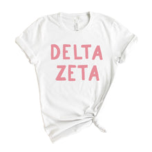 Load image into Gallery viewer, Delta Zeta T-Shirt | DZ Pink Bubble Letters Shirt | Delta Zeta Sorority Gift Idea - Kite and Crest
