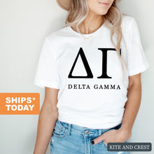 Load image into Gallery viewer, DG Delta Gamma Block Letter Sorority T-Shirt - Kite and Crest
