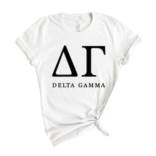 Load image into Gallery viewer, DG Delta Gamma Block Letter Sorority T-Shirt - Kite and Crest
