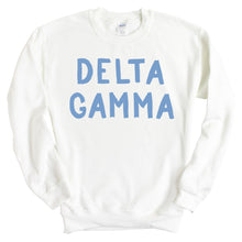 Load image into Gallery viewer, DG Delta Gamma Blue Bubble Letter Sorority Crewneck Sweatshirt - Kite and Crest
