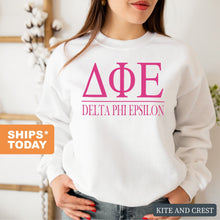 Load image into Gallery viewer, DPHIE Delta Phi Epsilon Big Letters Sorority Crewneck Sweatshirt - Kite and Crest
