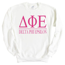 Load image into Gallery viewer, DPHIE Delta Phi Epsilon Big Letters Sorority Crewneck Sweatshirt - Kite and Crest
