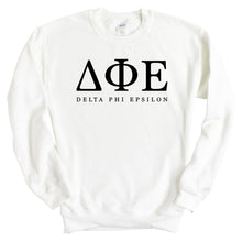 Load image into Gallery viewer, DPHIE Delta Phi Epsilon Block Letter Sorority Crewneck Sweatshirt - Kite and Crest
