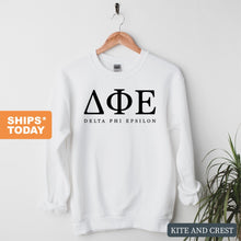 Load image into Gallery viewer, DPHIE Delta Phi Epsilon Block Letter Sorority Crewneck Sweatshirt - Kite and Crest
