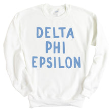 Load image into Gallery viewer, DPHIE Delta Phi Epsilon Blue Bubble Letter Sorority Crewneck Sweatshirt - Kite and Crest
