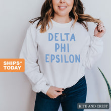 Load image into Gallery viewer, DPHIE Delta Phi Epsilon Blue Bubble Letter Sorority Crewneck Sweatshirt - Kite and Crest
