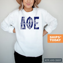 Load image into Gallery viewer, DPHIE Delta Phi Epsilon Blue Floral Sorority Crewneck Sweatshirt - Kite and Crest
