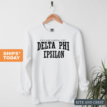 Load image into Gallery viewer, DPHIE Delta Phi Epsilon Established Sorority Crewneck Sweatshirt - Kite and Crest
