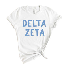 Load image into Gallery viewer, DZ Delta Zeta Blue Bubble Letter Sorority T-Shirt - Kite and Crest
