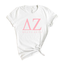 Load image into Gallery viewer, DZ Delta Zeta Pink Letter Sorority T-Shirt - Kite and Crest
