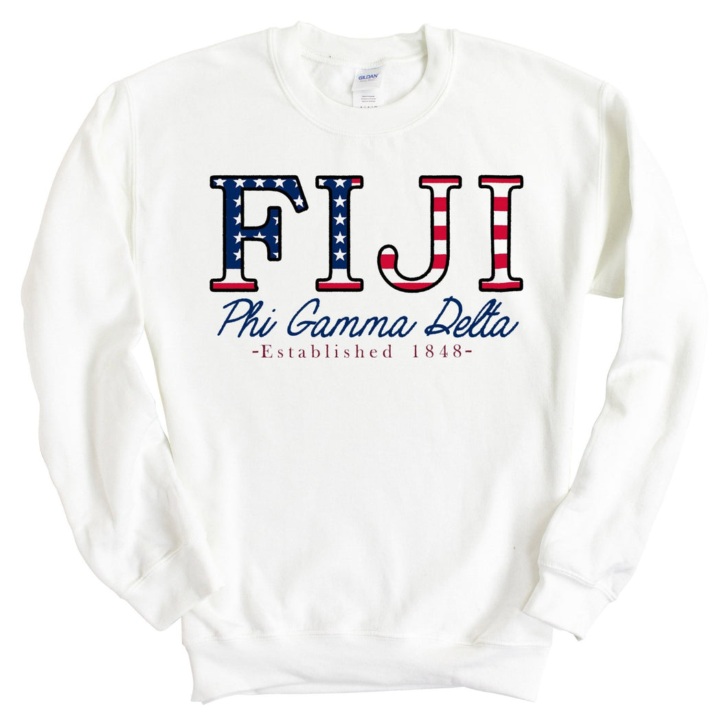 FIJI Sweatshirt - FIJI American Flag Letters Crewneck Sweatshirt - Kite and Crest