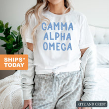 Load image into Gallery viewer, Gamma Alpha Omega Blue Bubble Letters T-shirt - Kite and Crest
