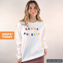 Load image into Gallery viewer, Gamma Phi Beta Sweatshirt | GPHI Circular Colorful Crewneck Sweatshirt | Gamma Phi Beta Sorority Gift Idea - Kite and Crest
