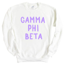 Load image into Gallery viewer, Gamma Phi Beta Sweatshirt - GPHI (Gamma Phi) Purple Bubble Letters Crewneck Sweatshirt - Kite and Crest
