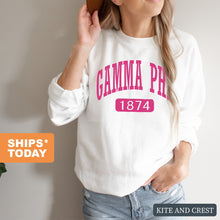 Load image into Gallery viewer, Gamma Phi Beta Sweatshirt | GPHI Large Established Crewneck Sweatshirt | Gamma Phi Beta Sorority Gift Idea - Kite and Crest
