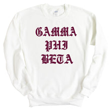Load image into Gallery viewer, Gamma Phi Beta Sweatshirt | GPHI Old Type Written Crewneck Sweatshirt | Gamma Phi Beta Sorority Gift Idea - Kite and Crest
