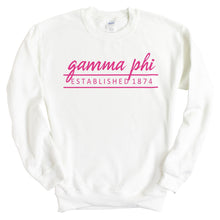 Load image into Gallery viewer, Gamma Phi Beta Sweatshirt | GPHI Pink Established Crewneck Sweatshirt | Gamma Phi Beta Sorority Gift Idea - Kite and Crest
