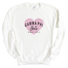 Load image into Gallery viewer, Gamma Phi Beta Sweatshirt | GPHI Pink Heart Crewneck Sweatshirt | Gamma Phi Beta Sorority Gift Idea - Kite and Crest
