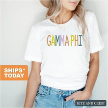Load image into Gallery viewer, Gamma Phi Beta T-shirt - Gamma Phi (GPHI) Colorful Lined Tee - Kite and Crest

