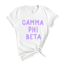 Load image into Gallery viewer, Gamma Phi Beta T-shirt - Gamma Phi (GPHI) Purple Bubble Letters Tee - Kite and Crest
