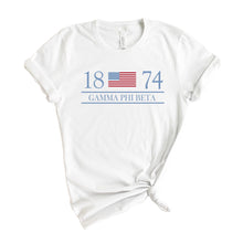 Load image into Gallery viewer, Gamma Phi Beta T-shirt - Gamma Phi (GPHI) Year and Flag Tee - Kite and Crest
