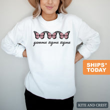 Load image into Gallery viewer, Gamma Sigma Sigma Three Butterflies Crewneck Sweatshirt - Kite and Crest

