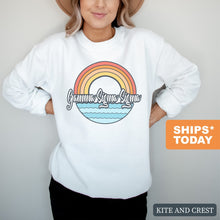 Load image into Gallery viewer, Gamma Sigma Sigma Wavy Rainbow Crewneck Sweatshirt - Kite and Crest

