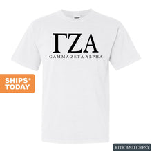 Load image into Gallery viewer, Gamma Zeta Alpha Block Letter Comfort Colors T-Shirt - Fraternity Tee - Kite and Crest
