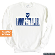 Load image into Gallery viewer, Gamma Zeta Alpha Shield Sweatshirt - Fraternity Crewneck Sweatshirt - Kite and Crest
