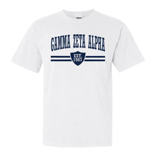 Load image into Gallery viewer, Gamma Zeta Alpha Striped Shield Comfort Colors T-Shirt - Fraternity Tee - Kite and Crest
