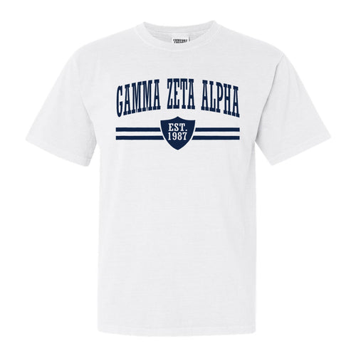 Gamma Zeta Alpha Striped Shield Comfort Colors T-Shirt - Fraternity Tee - Kite and Crest