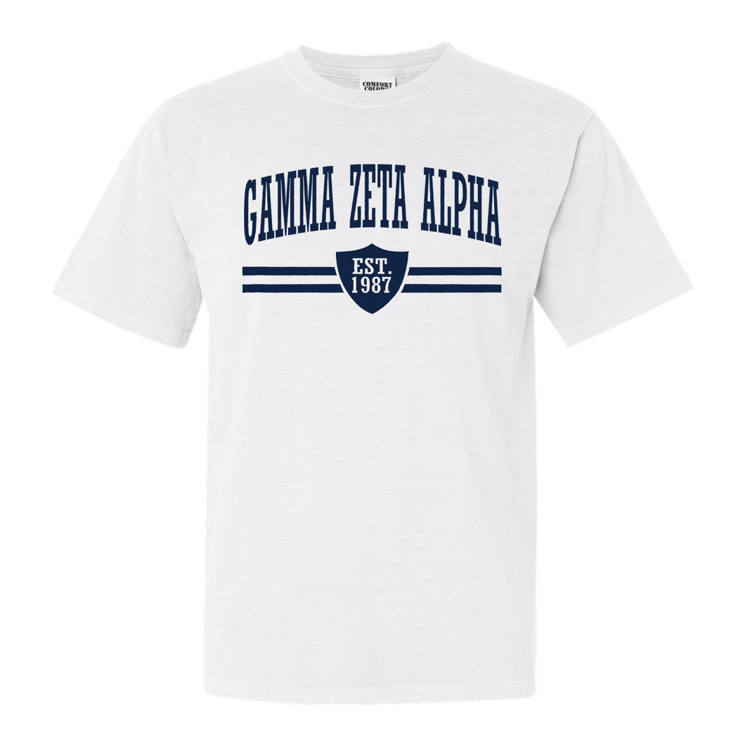 Gamma Zeta Alpha Striped Shield Comfort Colors T-Shirt - Fraternity Tee - Kite and Crest