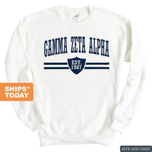 Load image into Gallery viewer, Gamma Zeta Alpha Striped Shield Sweatshirt - Fraternity Crewneck Sweatshirt - Kite and Crest
