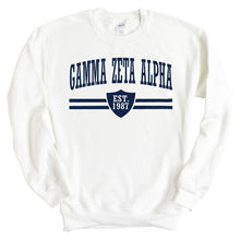 Load image into Gallery viewer, Gamma Zeta Alpha Striped Shield Sweatshirt - Fraternity Crewneck Sweatshirt - Kite and Crest
